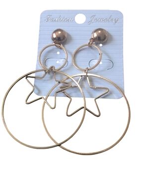 Gold Tone Star Hoop Drop Earrings Oversized Statement Dangle Celestial Jewelry